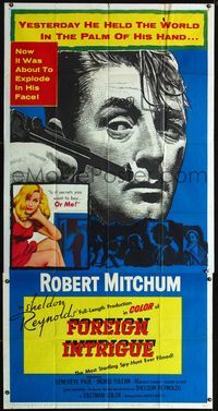 1a265 FOREIGN INTRIGUE 3sh '56 Genevieve Page, giant close up image of Robert Mitchum at gunpoint!