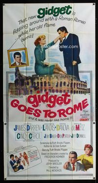 1a271 GIDGET GOES TO ROME three-sheet poster '63 James Darren & Cindy Carol in Italy at Colusseum!