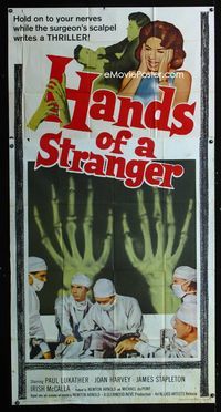 1a277 HANDS OF A STRANGER three-sheet movie poster '62 cool hand transplant surgery image!