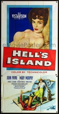 1a281 HELL'S ISLAND three-sheet movie poster '55 John Payne, sexiest large portrait of Mary Murphy!