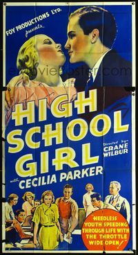 1a282 HIGH SCHOOL GIRL three-sheet movie poster '34 pregnant teen in trouble, great stone litho art!
