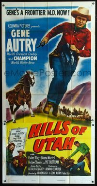 1a283 HILLS OF UTAH three-sheet movie poster '51 cowboy Gene Autry's a frontier medical doctor now!