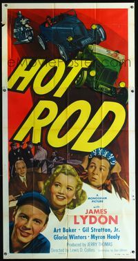 1a285 HOT ROD three-sheet movie poster '50 race car driver Jimmy Lydon, cool artwork!