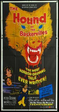 1a286 HOUND OF THE BASKERVILLES three-sheet '59 Peter Cushing, great blood-dripping dog artwork!