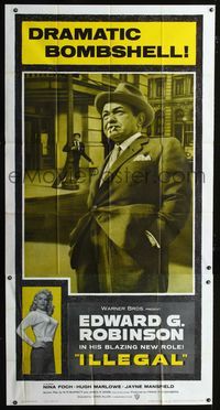 1a292 ILLEGAL three-sheet movie poster '55 smoking Edward G. Robinson & sexy Jayne Mansfield!