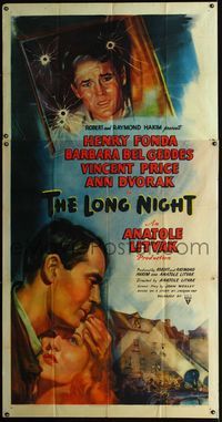 1a302 LONG NIGHT three-sheet movie poster '47 cool noir artwork of Henry Fonda & Barbara Bel Geddes!
