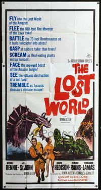 1a304 LOST WORLD three-sheet movie poster '60 Michael Rennie battles dinosaurs in the Amazon Jungle!