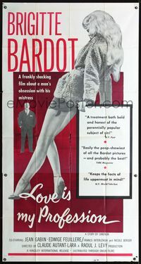 1a305 LOVE IS MY PROFESSION three-sheet poster '59 sexiest life-sized mistress Brigitte Bardot!