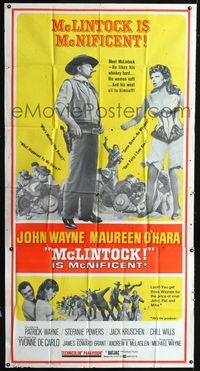 1a310 McLINTOCK three-sheet poster '63 great full length images of John Wayne & sexy Maureen O'Hara!