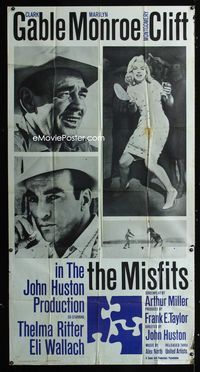 1a313 MISFITS three-sheet poster '61 Clark Gable, sexy Marilyn Monroe, Montgomery Clift, John Huston