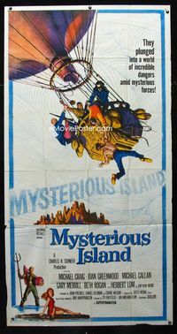 1a317 MYSTERIOUS ISLAND three-sheet movie poster '61 Ray Harryhausen, Jules Verne sci-fi!