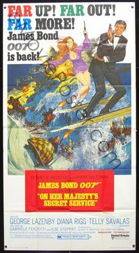 1a326 ON HER MAJESTY'S SECRET SERVICE three-sheet movie poster '70 George Lazenby as James Bond 007!