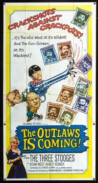 1a331 OUTLAWS IS COMING three-sheet movie poster '65 The Three Stooges with Curly-Joe are cowboys!