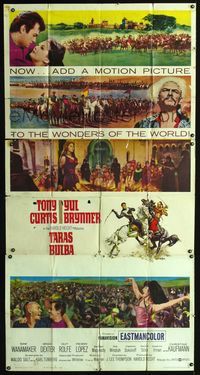 1a369 TARAS BULBA three-sheet movie poster '62 Tony Curtis & Yul Brynner clash in adventure epic!