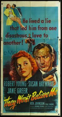 1a372 THEY WON'T BELIEVE ME three-sheet '47 Susan Hayward, Robert Young, Jane Greer, film noir!