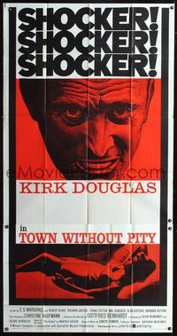 1a379 TOWN WITHOUT PITY three-sheet movie poster '61 wild intense artwork of Kirk Douglas!