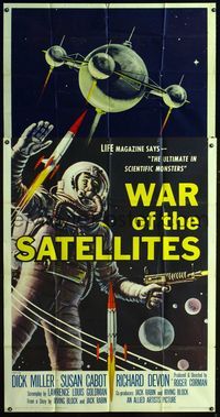 1a387 WAR OF THE SATELLITES three-sheet '58 Roger Corman, fantastic outer space sci-fi artwork!