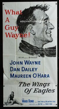 1a393 WINGS OF EAGLES three-sheet movie poster '57 Air Force pilot John Wayne, Maureen O'Hara