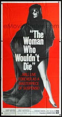 1a395 WOMAN WHO WOULDN'T DIE three-sheet '65 wild life-sized image of Death skull face & sexy legs!