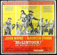 1a037 McLINTOCK six-sheet movie poster '63 John Wayne gives Maureen O'Hara a spanking!