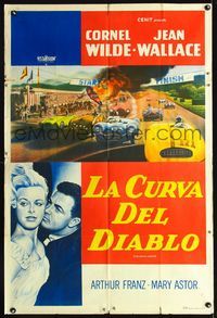 1a429 DEVIL'S HAIRPIN Argentinean movie poster '57 Cornel Wilde, Jean Wallace, great car racing art!