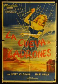 1a435 DRAGNET Argentinean movie poster '47 really cool artwork of sexy girl with knife stuck in web!