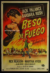 1a479 KISS OF FIRE Argentinean poster '55 romantic art of Jack Palance as El Tigre & Barbara Rush!