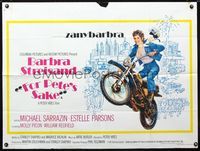 1a119 FOR PETE'S SAKE British quad movie poster '74 art of zany Barbra Streisand riding motorcycle!