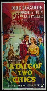 1a367 TALE OF TWO CITIES English 3sheet '58 great full art of Dirk Bogarde on his way to execution!