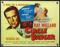 1c339 CIRCLE OF DANGER half-sheet movie poster '51 Jacques Tourneur, Ray Milland on a manhunt!