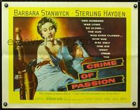 1c351 CRIME OF PASSION 1/2sheet '57 sexy Barbara Stanwyck reaches for gun to shoot Sterling Hayden!