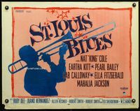 1c575 ST. LOUIS BLUES half-sheet poster '58 Nat King Cole, Eartha Kitt, cool trombone playing art!