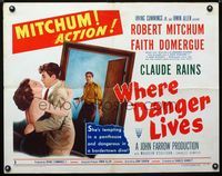 1c637 WHERE DANGER LIVES style B half-sheet movie poster '50 art of Robert Mitchum & Faith Domergue!