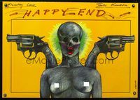 1e530 HAPPY END Polish stage play poster '80s wild Pagowski art of skull-faced naked woman & guns!