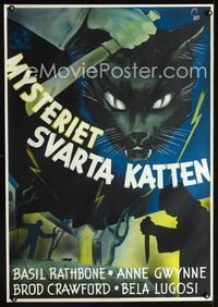 1e004 BLACK CAT Swedish poster '41 Bela Lugosi, Basil Rathbone, cool creepy feline art by Aberg!