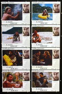 1g186 CAST AWAY 8 int'l movie lobby cards '00 Tom Hanks stranded on a desert island, Robert Zemeckis