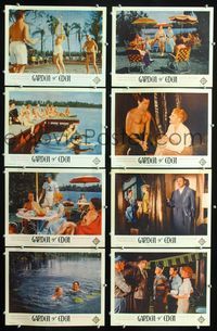 1g322 GARDEN OF EDEN 8 movie lobby cards '54 Florida nudist camp on the beach, topless volleyball!