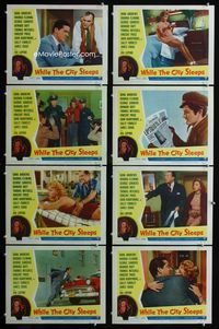 1g716 WHILE THE CITY SLEEPS 8 movie lobby cards '56 Lipstick Killer, Fritz Lang noir!