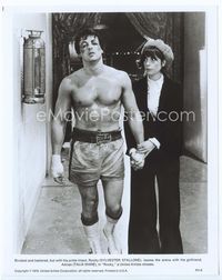 1h271 ROCKY 8x10 '77 great c/u of Sylvester Stallone & Talia Shire leaving ring at movie climax!