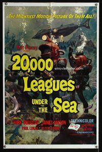1i007 20,000 LEAGUES UNDER THE SEA style A one-sheet R63 Jules Verne, cool art of scuba divers!