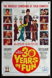 1i011 30 YEARS OF FUN one-sheet '63 Charlie Chaplin, Buster Keaton, Laurel & Hardy, Harry Langdon