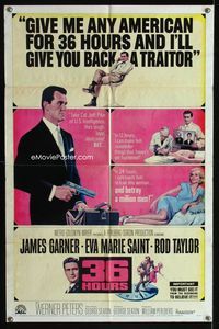 1i013 36 HOURS one-sheet movie poster '65 James Garner with gun, sexy Eva Marie Saint, Rod Taylor