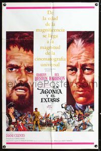 1i025 AGONY & THE ECSTASY Spanish/U.S. 1sh '65 great super close up art of Charlton Heston & Rex Harrison!