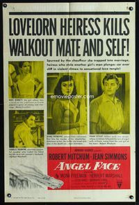 1i037 ANGEL FACE one-sheet poster '53 Robert Mitchum, Jean Simmons, Otto Preminger, Howard Hughes