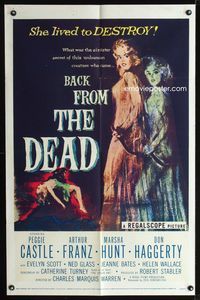 1i052 BACK FROM THE DEAD one-sheet movie poster '57 Peggie Castle lived to destroy, cool horror art!