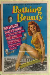 1i055 BATHING BEAUTY style D one-sheet '44 art of sexy swimmer Esther Williams plus Red Skelton!