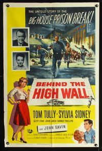 1i064 BEHIND THE HIGH WALL one-sheet movie poster '56 Tom Tully, cool big house prison break art!