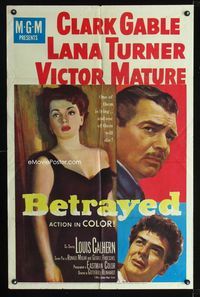 1i068 BETRAYED one-sheet movie poster '54 Clark Gable, Victor Mature, sexy brunette Lana Turner!
