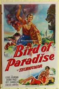 1i077 BIRD OF PARADISE one-sheet '51 art of barechested Louis Jourdan & tropical sexy Debra Paget!