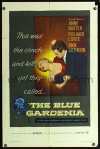 1i086 BLUE GARDENIA one-sheet '53 Fritz Lang, Anne Baxter, there was nothing lily-white about her!